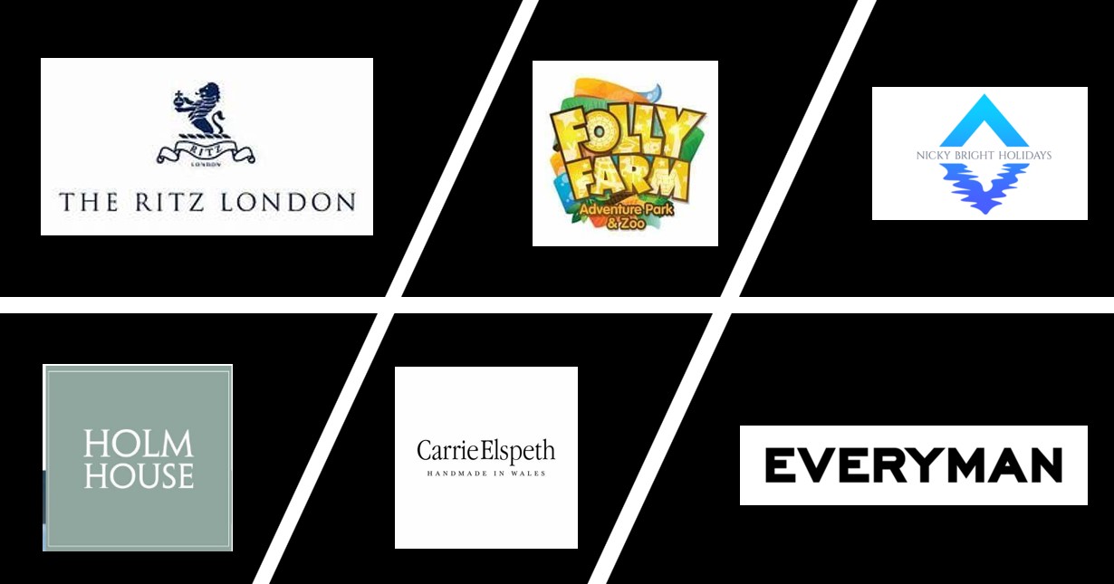 Five business logos: Folly farm Zoo & Theme Park, Carrie Elspeth Jewellery, Holm House Hotel, Penarth, Nicky Bright Holidays, and The Ritz Hotel London. 