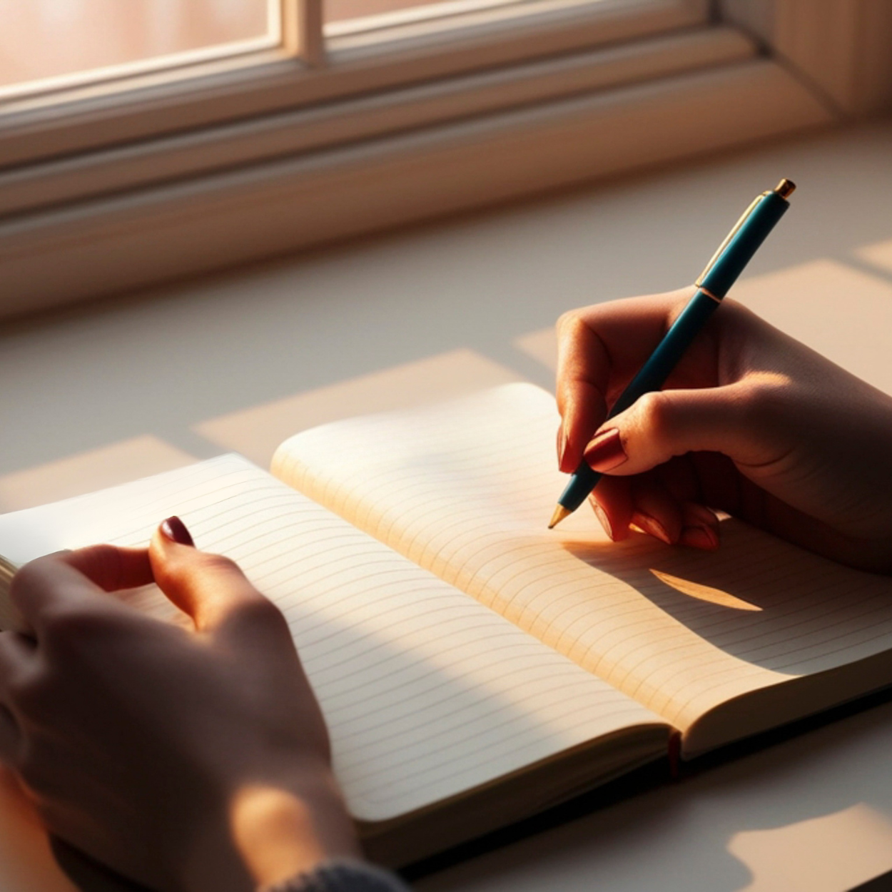 An image of a ladies hand with a pen and blank pages in a journal